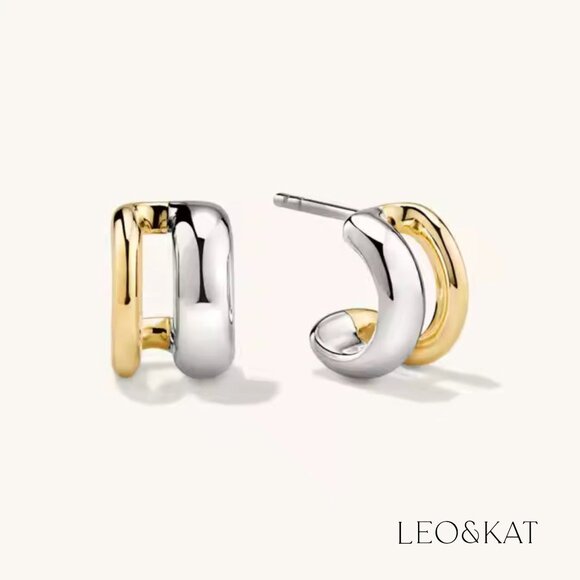 2 Tone Double Half Hoops Earrings. 925 Sterling Silver. #1131 - Picture 1 of 5